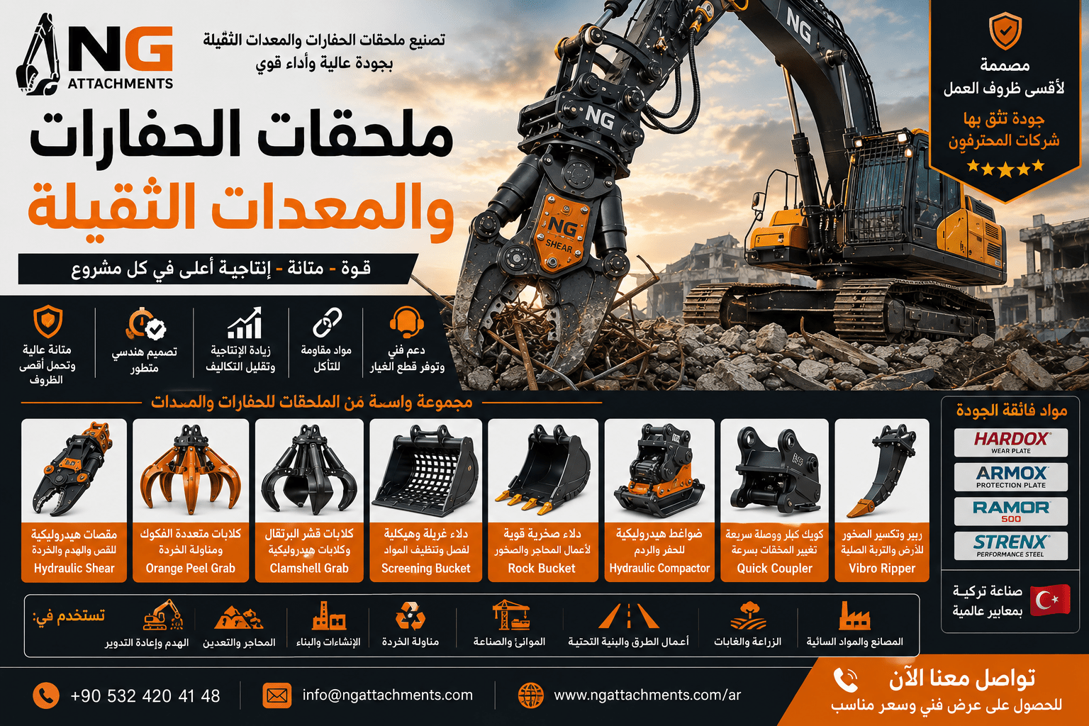 ملحقات الحفارات والمعدات الثقيلة – دلاء، مقصات هيدروليكية، كلابات وكويك كبلر