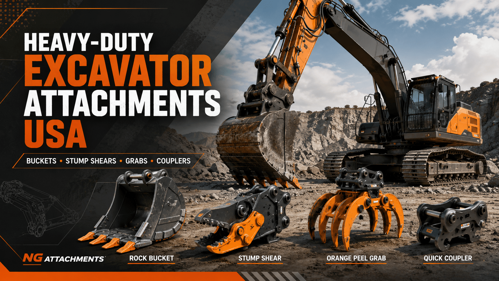 Heavy-Duty Excavator Attachments USA – Stump Shears, Buckets, Grabs, Couplers & Hydraulic Tools