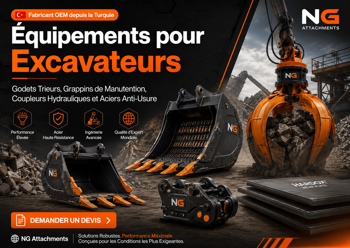 Équipements pour Excavateurs, Manutention en Vrac et Aciers Anti-Usure